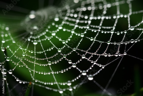 A captivating photograph of a dew-covered spiderweb, showcasing the beauty of nature up close through macro photography