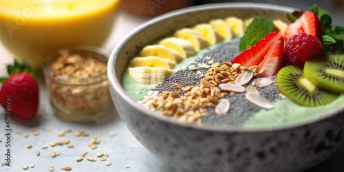 Smoothie bowl with fresh berries and fruits with seeds. Menu. Healthy breakfast, a vegetarian dish.