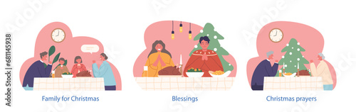 Isolated Vector Elements with Family Characters Gathered Around Festive Table, Share A Christmas Prayer, Hearts United