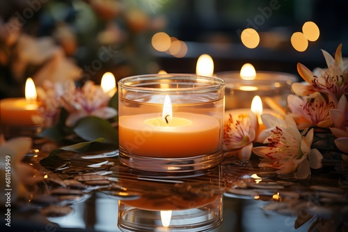 Burning candles and flowers on table in spa salon  closeup