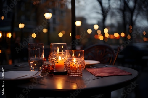 Romantic dinner in a cozy cafe on the terrace at sunsetv
