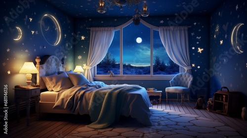 A bedroom with heart-shaped wall decals and a dreamy, starry night sky projection.