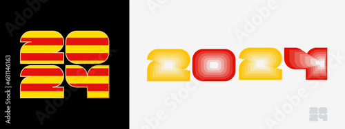 Year 2024 with flag of Catalonia and in color palate of Catalonia flag. Happy New Year 2024 in two different style. photo