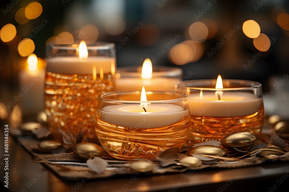 Burning candles in glasses on blurred background, closeup. Space for textv Burning candles in glasses on blurred background, closeup. Space for textv