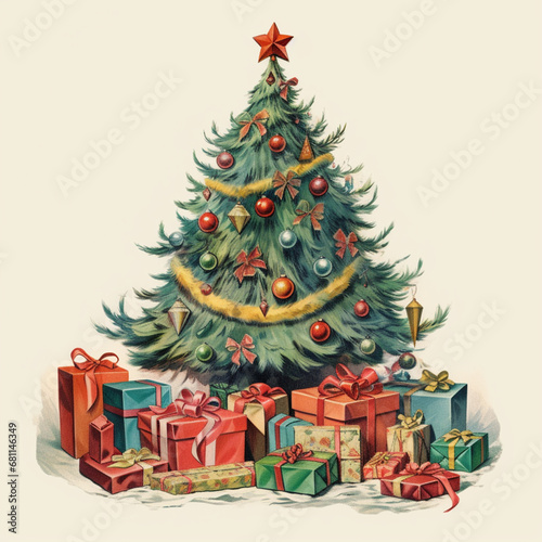 christmas tree with gifts vintage poster happy new year festive 