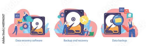 Isolated Elements With Characters Perform Backup And Data Recovery Scenes, Ensure Safety Of Vital Information