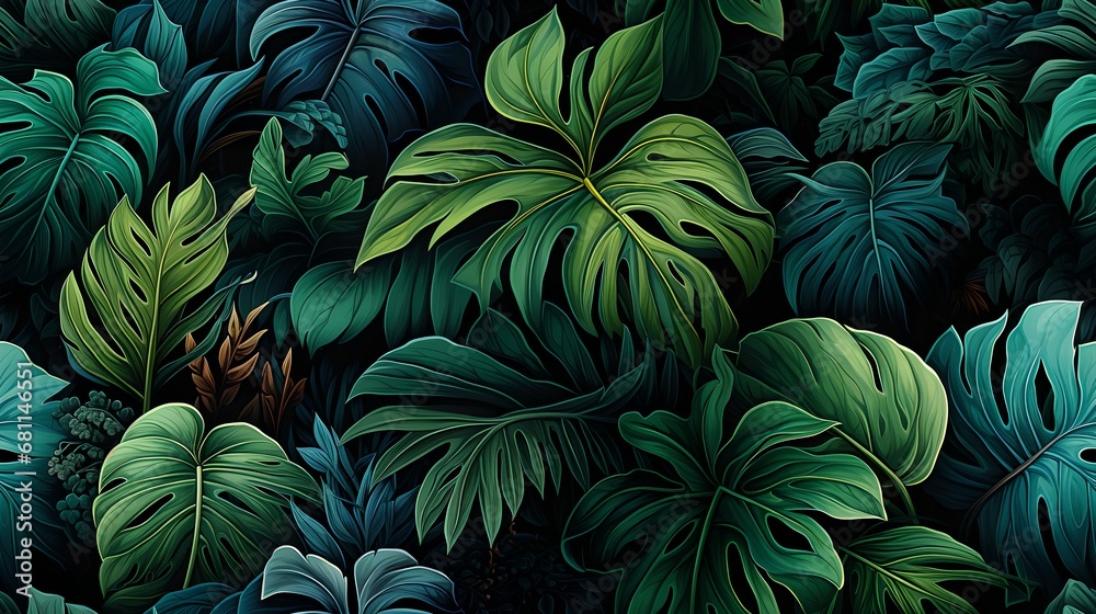 Patterned Leaf & Floral Illustration: Tileable Nature Background with Tropical Rainforest Influence â€“ Vector Wallpaper Design