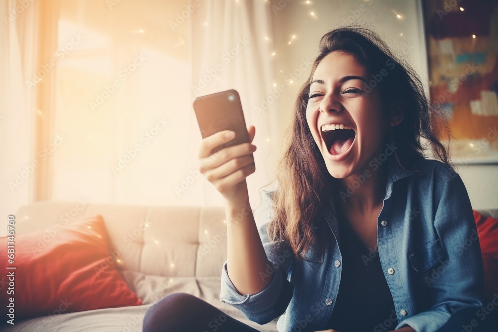 A joyous young woman at home, holding a smartphone, expresses happiness, gazes at the mobile screen, and triumphantly gestures yes—a celebration of technology's positive impact on her life - obrazy, fototapety, plakaty 