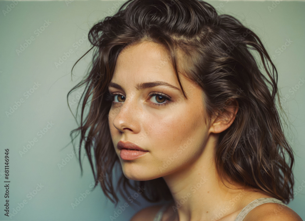Naklejka premium Portrait of a young woman with natural makeup and natural styling. Natural beauty, skincare, cosmetology concept