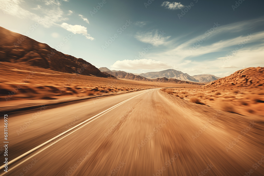 Desert highway road. Car trip along desert mountain landscape.
