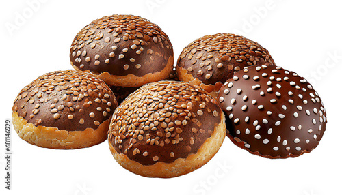 Freshly baked chocolate bread buns and cookies with sesame seeds isolated on transparent background, png.