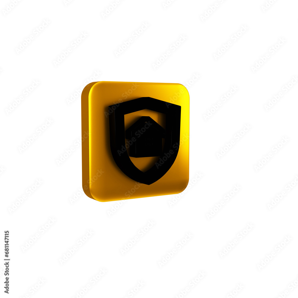 Black House with shield icon isolated on transparent background. Insurance concept. Security, safety, protection, protect concept. Yellow square button. Black House with shield icon isolated on transparent background. Insurance concept. Security, safety, protection, protect concept. Yellow square button.