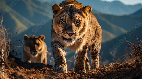 A liguar, a unique blend of a male lion and a female jaguar, with a rocky, mountainous terrain as the background, during a crisp, clear morning photo