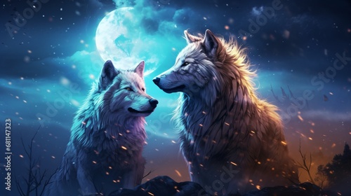 two wolves in the moonlight photo