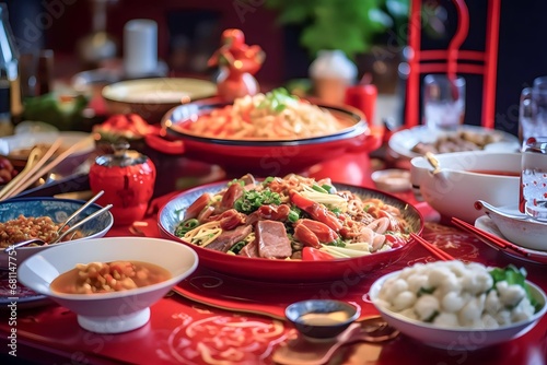 various Chinese foods on the dining table in a Chinese house during Chinese New Year celebrations