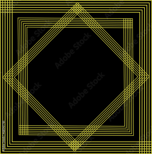 Vector geometric frame in the form of golden lines and stripes on a black background