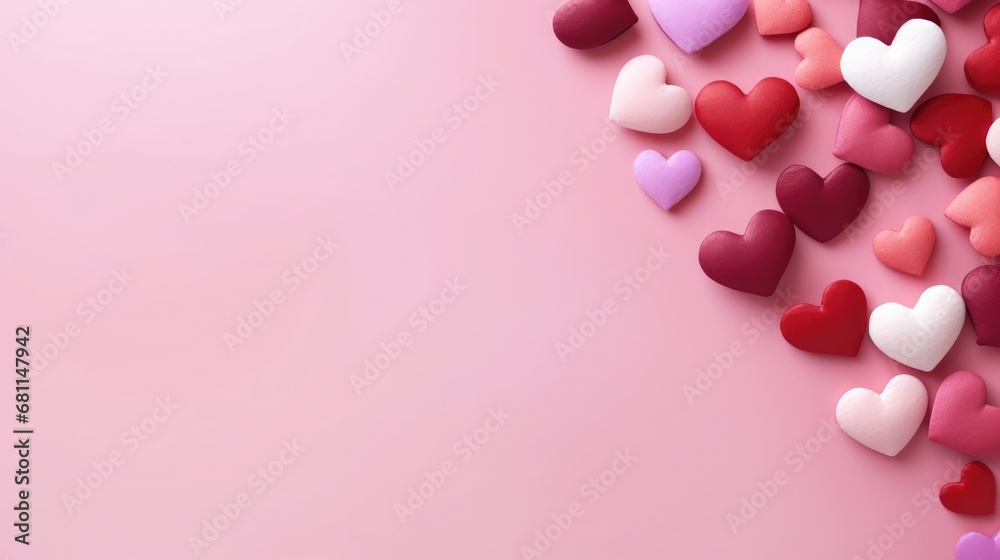 Valentine's day background with colorful hearts on pink background. Banner.