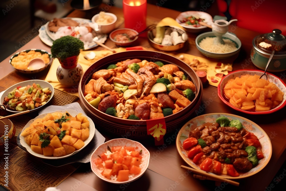 various Chinese foods on the dining table in a Chinese house during Chinese New Year celebrations various Chinese foods on the dining table in a Chinese house during Chinese New Year celebrations