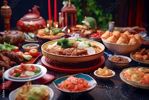 various Chinese foods on the dining table in a Chinese house during Chinese New Year celebrations