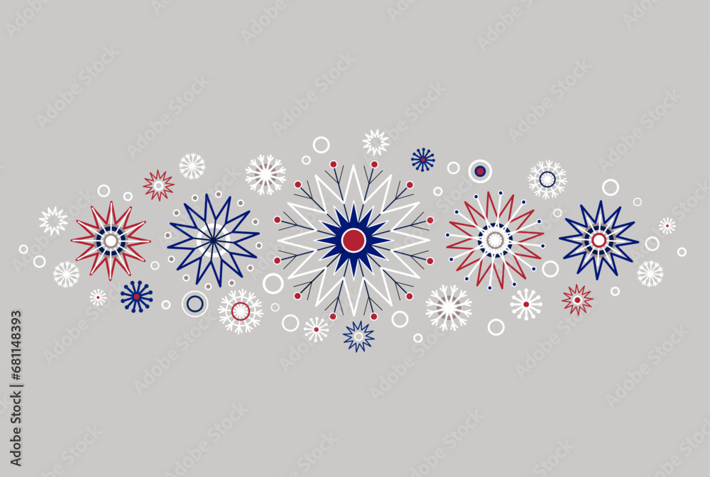 Obraz premium Christmas card with traditional colors snowflakes. Winter background scandinavian style in calm colors. Many snow on grey background. Christmas mood pattern.
