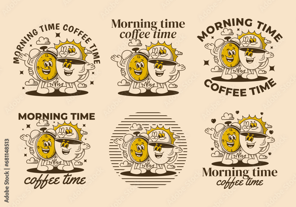 Morning time, coffee time. Mascot character of coffee cup, alarm clock and a sun