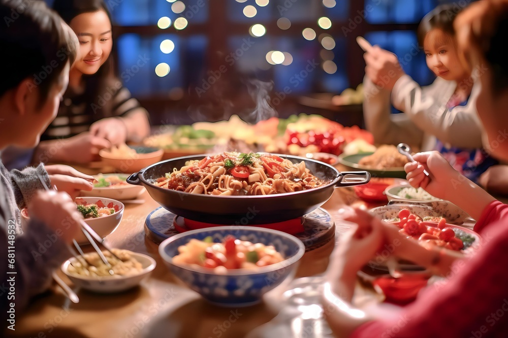 various Chinese foods on the dining table in a Chinese house during Chinese New Year celebrations