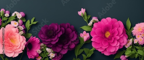 Flowers on black color backdrop for a banner. Greeting card template for weddings, mothers' days, and women's days. Copy space in a springtime composition