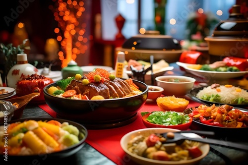 various Chinese foods on the dining table in a Chinese house during Chinese New Year celebrations photo