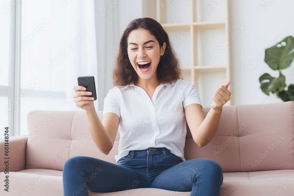 Enthralled by the technological wonders at her fingertips, a delighted young woman sits on her home sofa, smartphone in hand, expressing joy and contentment as she looks at the mobile screen, gesturin Enthralled by the technological wonders at her fingertips, a delighted young woman sits on her home sofa, smartphone in hand, expressing joy and contentment as she looks at the mobile screen, gesturin