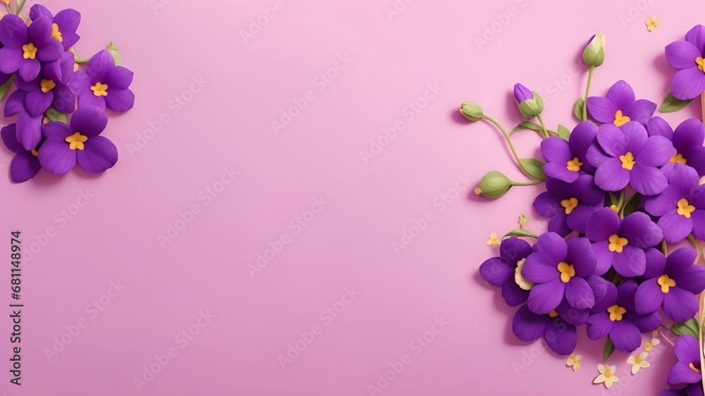 Flowers on Violet color backdrop for a banner. Greeting card template for weddings, mothers' days, and women's days. Copy space in a springtime composition. Flat lay design. Violet flowers border