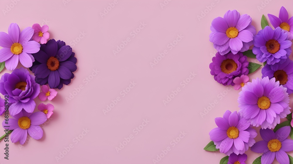 Flowers on Violet color backdrop for a banner. Greeting card template for weddings, mothers' days, and women's days. Copy space in a springtime composition. Flat lay design. Violet flowers border