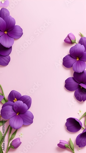 Flowers on Violet color backdrop for a banner. Greeting card template for weddings  mothers  days  and women s days. Copy space in a springtime composition. Flat lay design. Violet flowers border