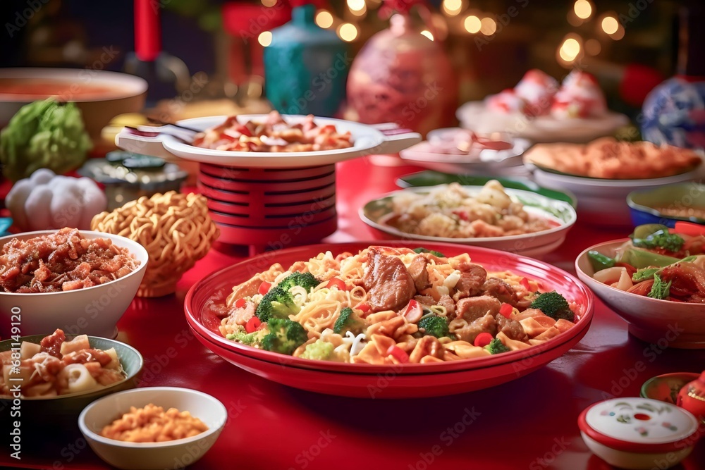 Obraz premium various Chinese foods on the dining table in a Chinese house during Chinese New Year celebrations