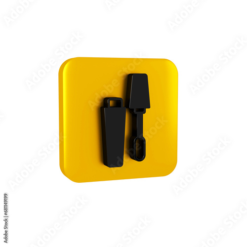 Black Mascara brush icon isolated on transparent background. Yellow square button.