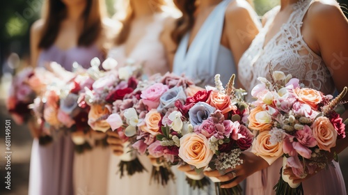 Bride and bridesmaids with pastel bouquets stand side by side Generate AI © Busran