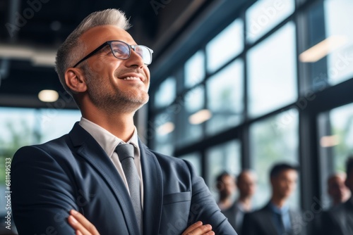 A manager's content and satisfied expression, reflecting the rewards of effective leadership and teamwork