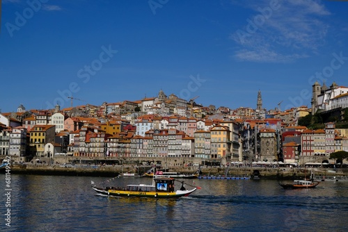 Panorama of Porto and tourist boat on Douro river  Portugal