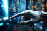 AI robot reaching finger hand out to touch data information network screen, artificial intelligence machine learning big data, Science and cyberspace technology, innovation and futuristic.