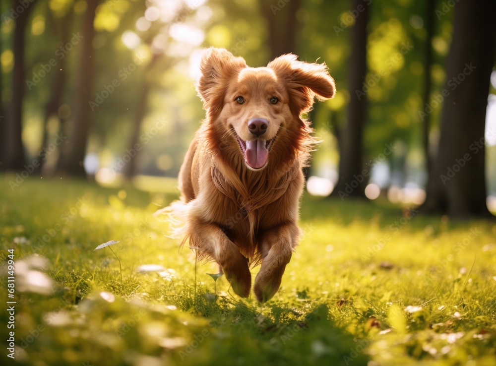 A happy golden retriever dog runs in the park against the background of trees. Beautiful golden hour.