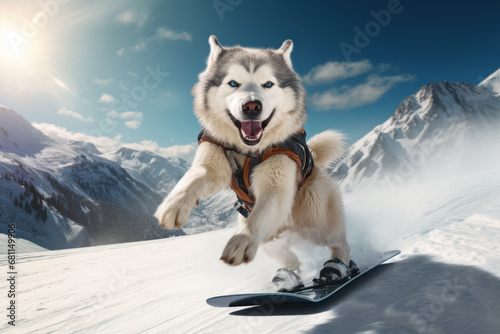 Husky dog snowboarder rides down snowy mountain. Funny dog snowboarding on winter vacation doing extreme sport.
