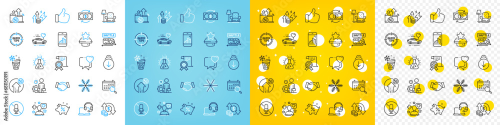 Vector icons set of No microphone, Winner podium and Chemistry lab line icons pack for web with Snowflake, Certificate, Handshake outline icon. Like, Scroll down, Ice maker pictogram. Vector - obrazy, fototapety, plakaty 