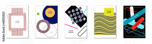 Geometric cover design, set of 5 covers. Abstract unusual background in Memphis style. Bright geometric shapes in random order