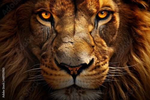Regal Old Lion. Majestic Symmetrical Close-Up Portrait in Africas Yellow Savannah photo