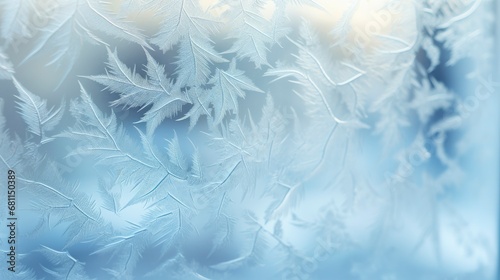Beautiful frosty pattern on transparent glass with blurred background behind