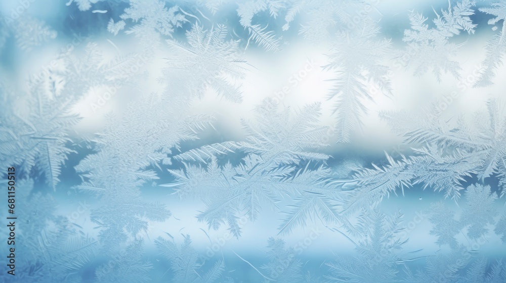 Beautiful frosty winter pattern on glass with blurred cloudy day on background behind