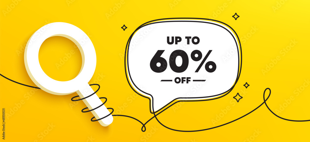 Up to 60 percent off sale. Continuous line chat banner. Discount offer price sign. Special offer symbol. Save 60 percentages. Discount tag speech bubble message. Wrapped 3d search icon. Vector