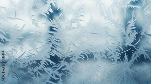 Beautiful frosty winter pattern on glass with blurred cloudy day on background behind © shooreeq