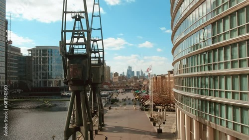 Tracking shot of a large office and residential estates in the Docklands district of the city of London, England, UK photo