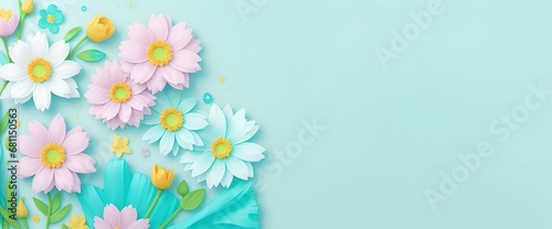 Flowers on Aqua color backdrop for a banner. Copy space in a springtime composition. Flat lay design. Aqua flowers border © Logo