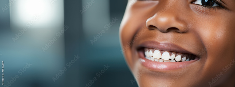 Close-up of a joyful child's smile, showcasing bright, healthy teeth, perfect for dental care themes. This image serves as a banner with ample space for text. Close-up of a joyful child's smile, showcasing bright, healthy teeth, perfect for dental care themes. This image serves as a banner with ample space for text.